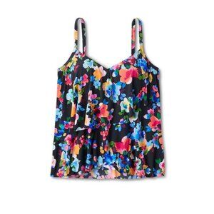 Small - Womens UPF 50 V-Neck Angled Tiered Tankini Top - Aqua Green - Floral